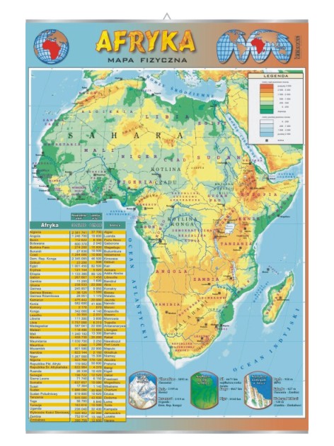 Afryka – mapa fizyczna – mapa fizyczna – Tablica edukacyjna 70x100 cm