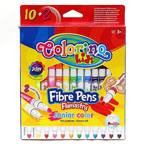 Flamastry, pisaki. Zestaw mazaków dwukolorowych - 12 kolory (dodatkowo 2 kolory fluorescencyjne) - Colorino Kids.