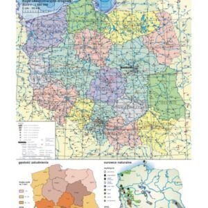 Polska – mapa administracyjno-drogowa + mapki gęstości zaludnienia i surowców – Tablica edukacyjna 70x100 cm