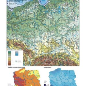 Polska – mapa hipsometryczna + mapki temperatury i opadów – Tablica edukacyjna 70x100 cm