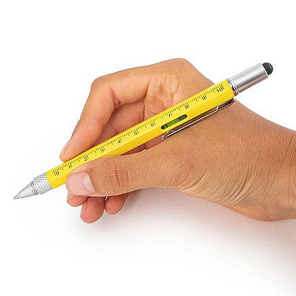 Długopis wielofunkcyjny 6 w 1 z rysikiem linijką poziomicą śrubokrętem i funkcją wysuwanego pióra - ŻÓŁTY